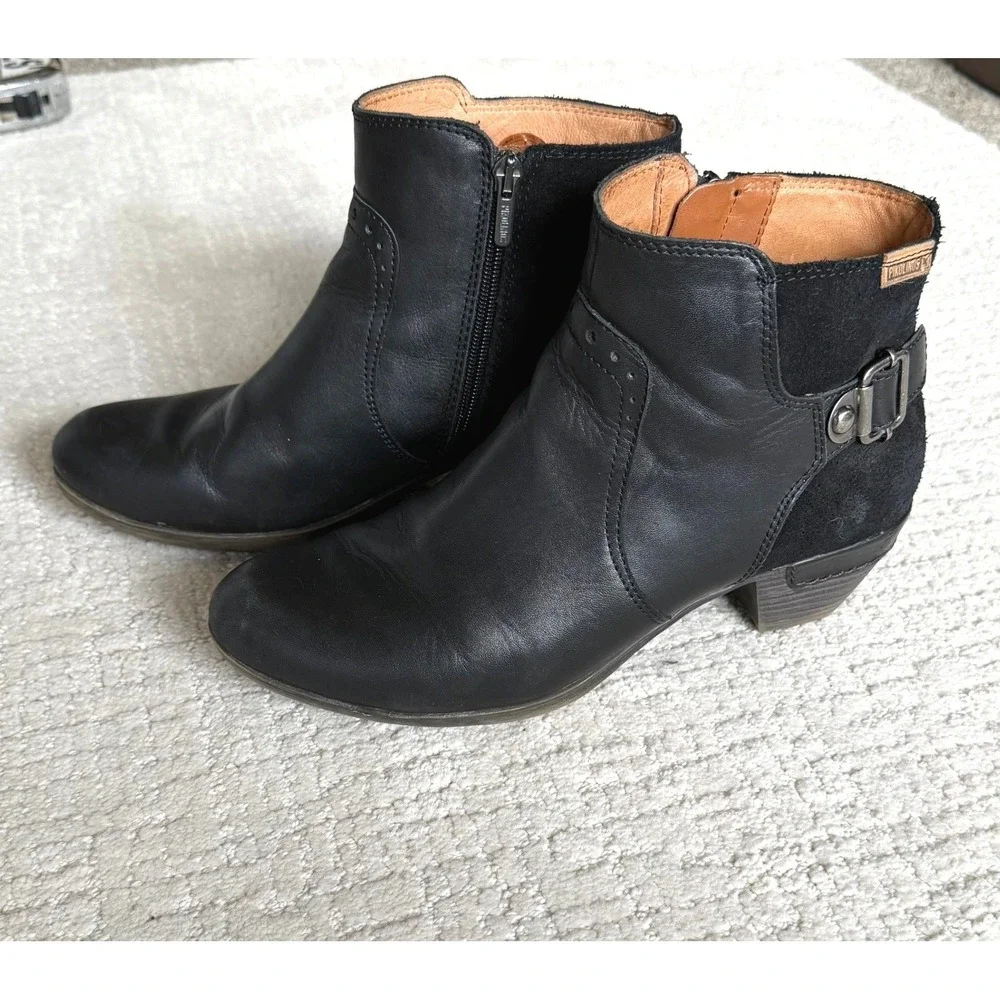 Pikolinos Black Leather Suede Ankle‎ Boots Zip Buckle 40 US 9/9.5 Comfort Moto